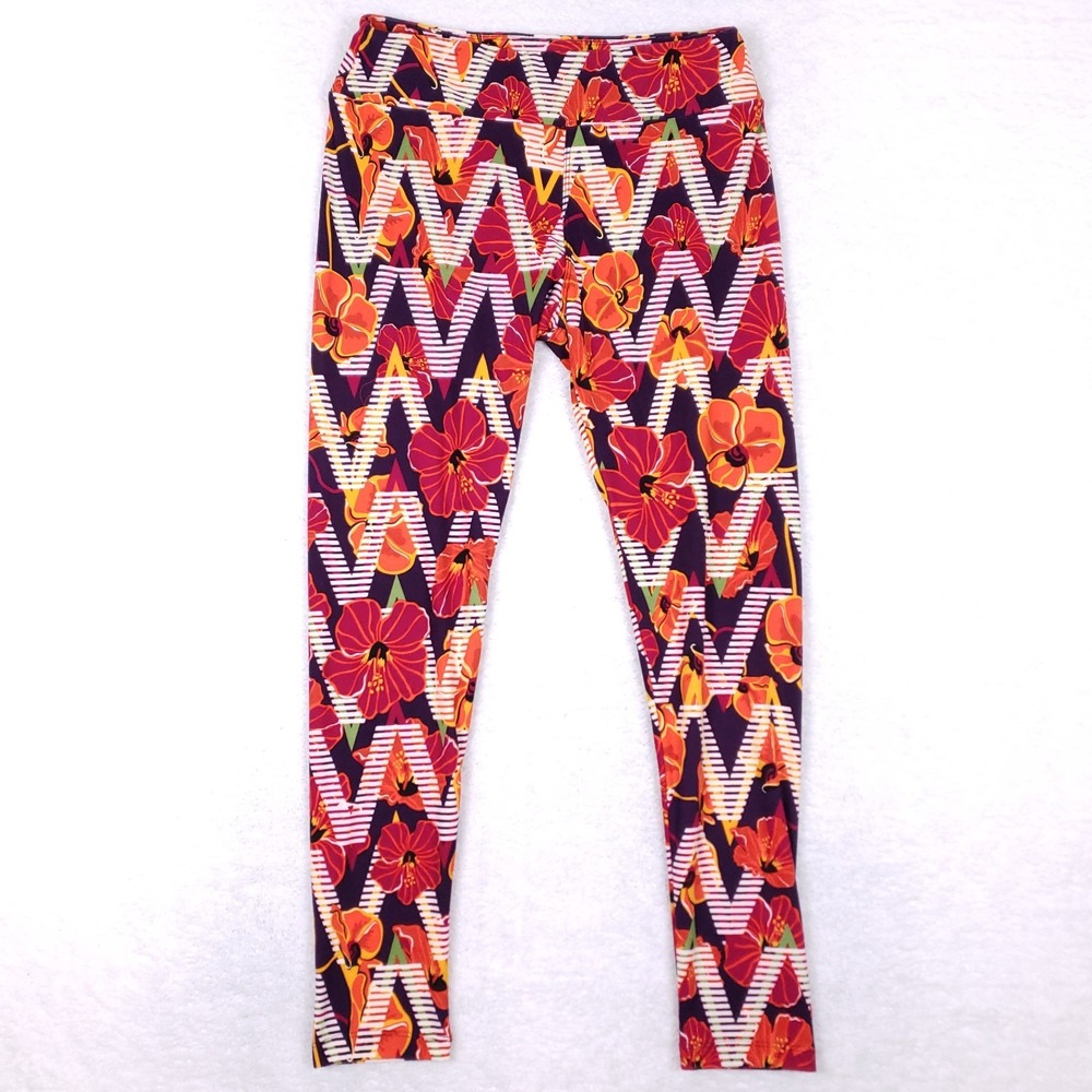 LuLaRoe Tall & Curvy‎ Leggings Purple Tropical Hibiscus Floral Print Zigzag